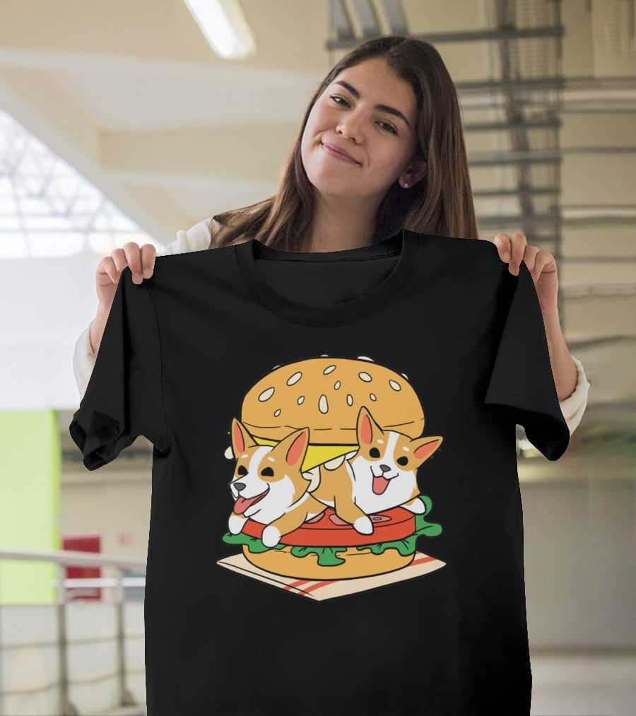 Corgi Burger Delight Double Pup Cheeseburger Fun T-Shirt