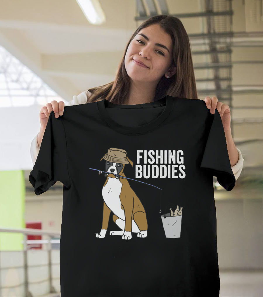 Boxer Dog Fishing Buddies Cartoon With Hat And Fishing Rod T-Shirt