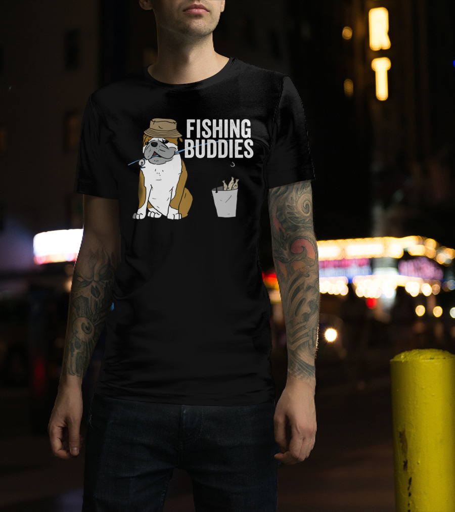 Bulldog Wearing Hat With Fishing Hook And Bucket - Fun Fishing Buddies T-Shirt