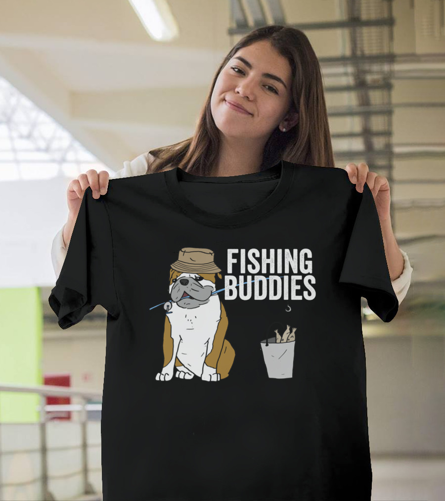 Bulldog Wearing Hat With Fishing Hook And Bucket - Fun Fishing Buddies T-Shirt