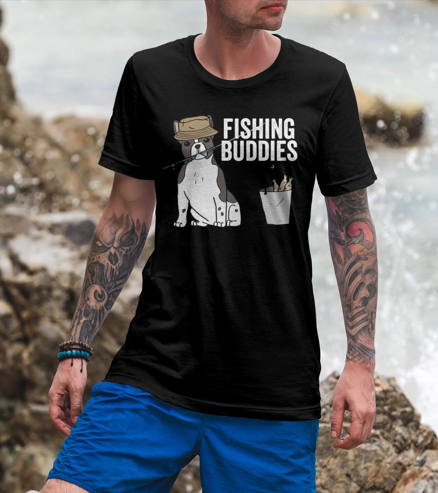 French Bulldog Fishing Buddies With Hat And Fish Bucket T-Shirt