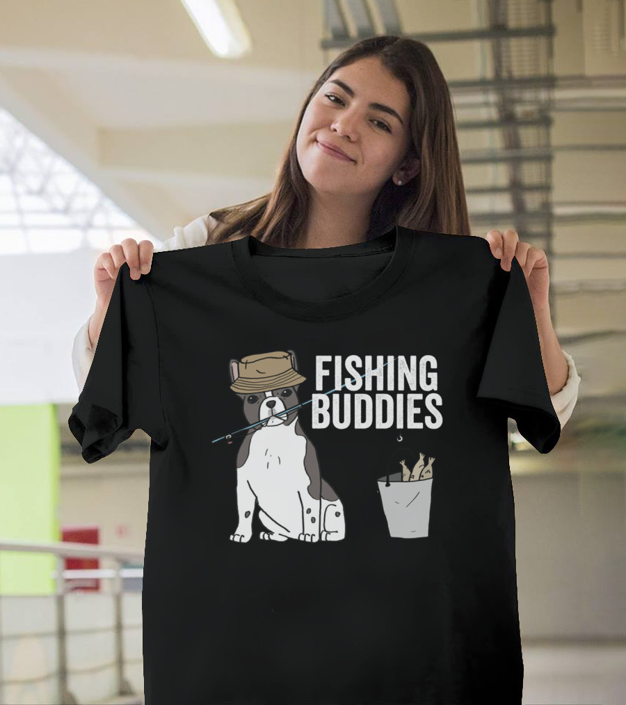 French Bulldog Fishing Buddies With Hat And Fish Bucket T-Shirt