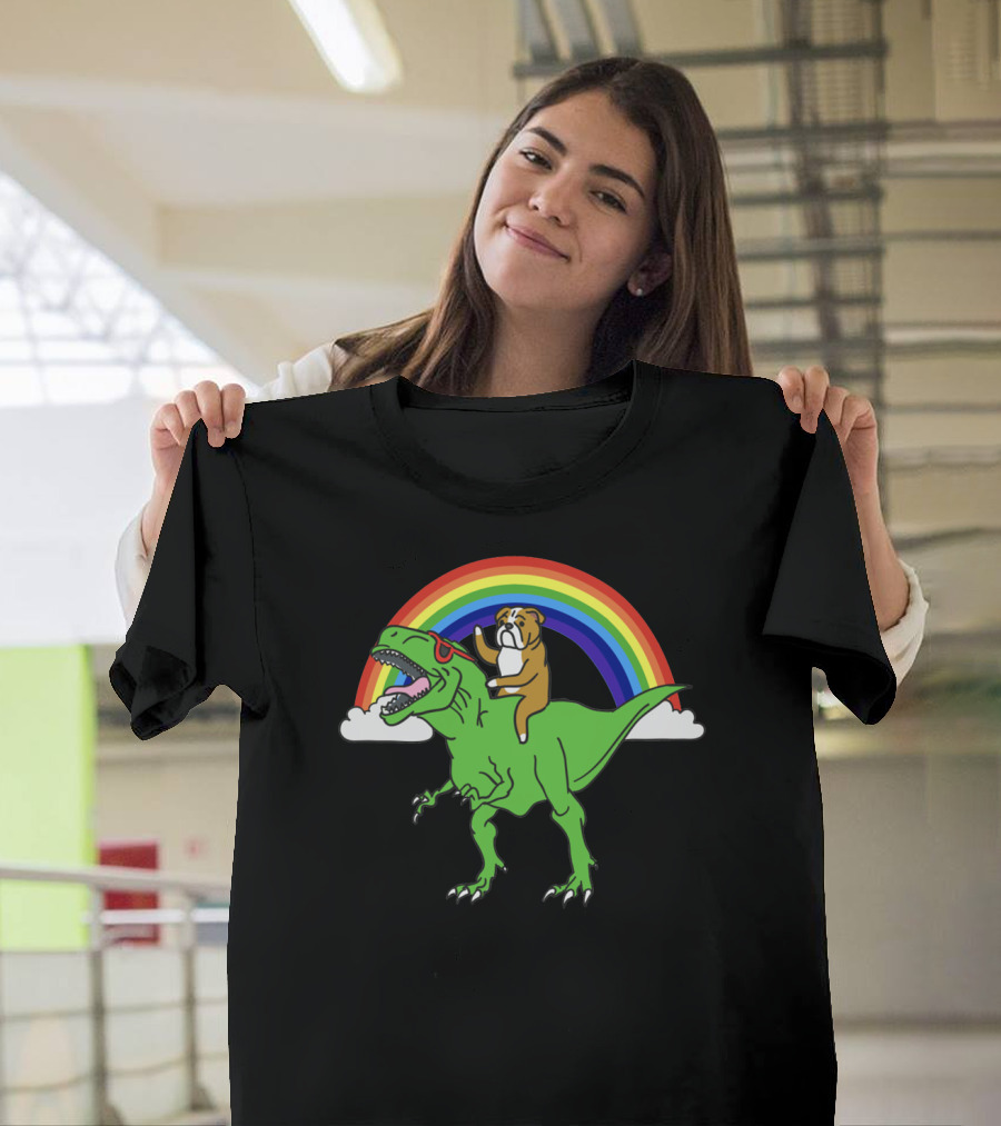 Bulldog Riding T-Rex With Rainbow And Sunglasses T-Shirt