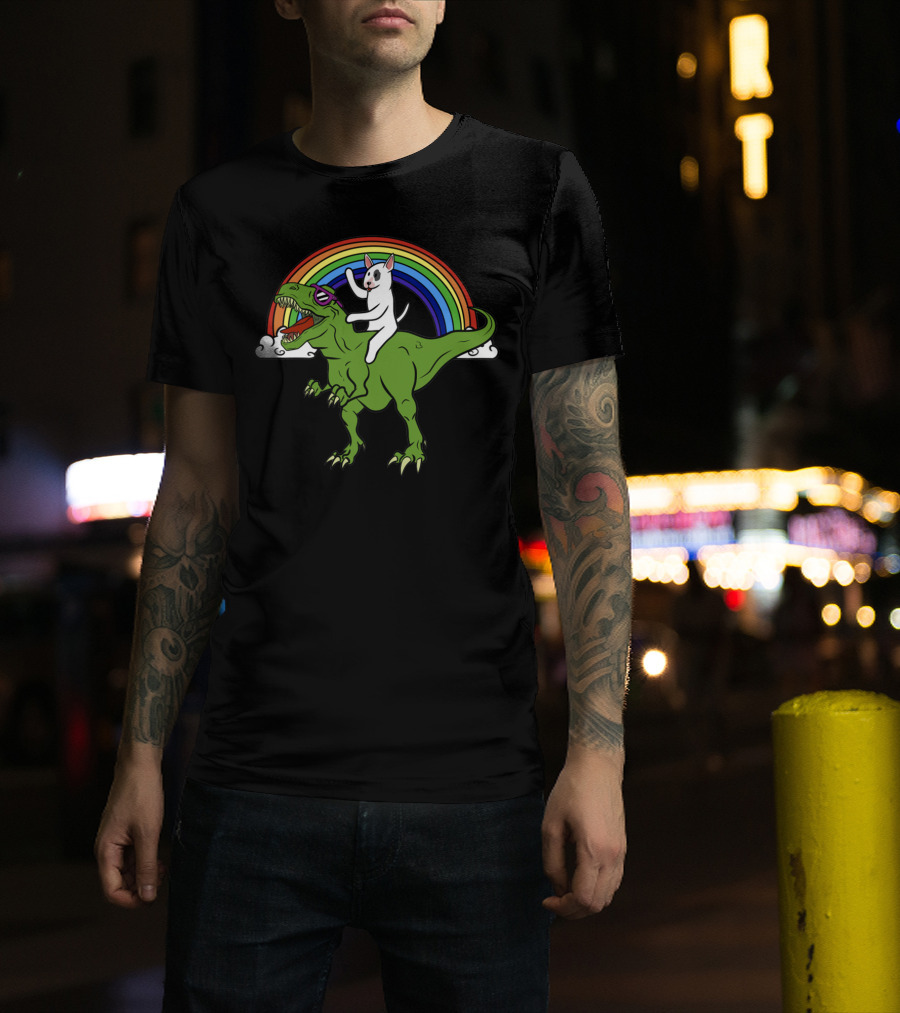 Bully Dinosaur Cat Riding T-Rex Rainbow Adventure T-Shirt