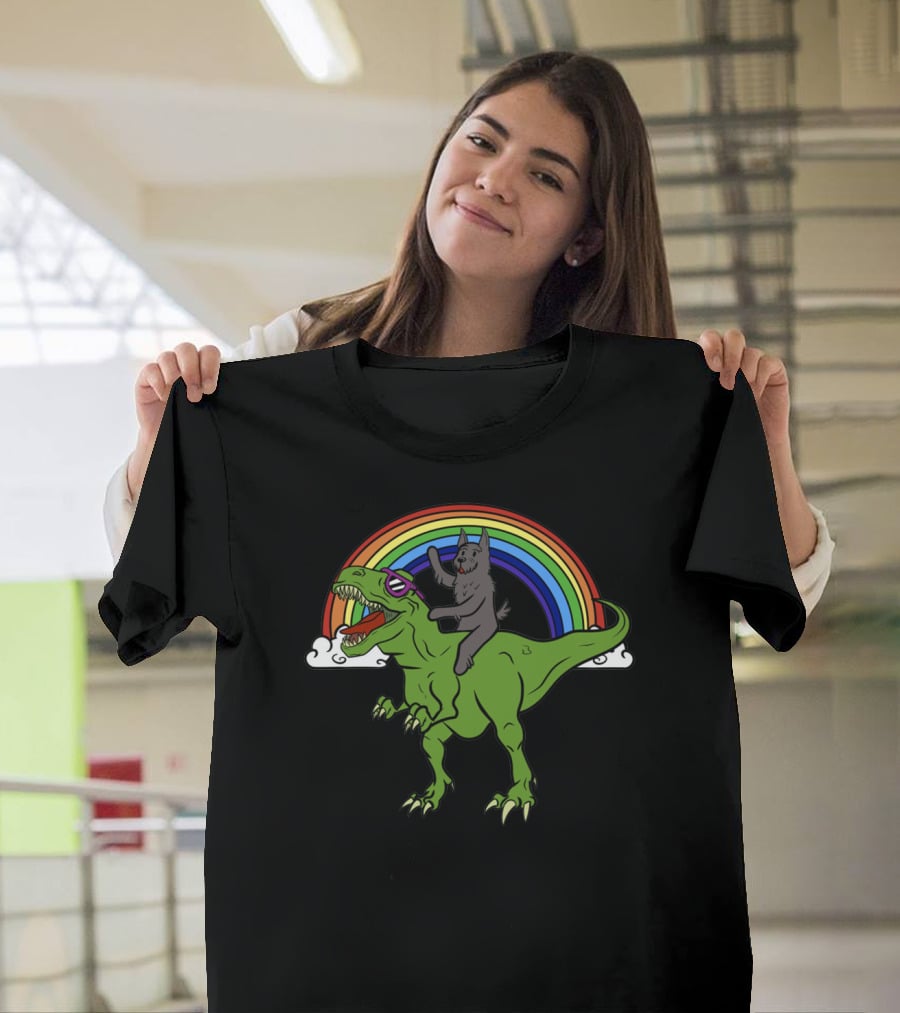 Scottie Dinosaur Cat Riding T-Rex T-Shirt