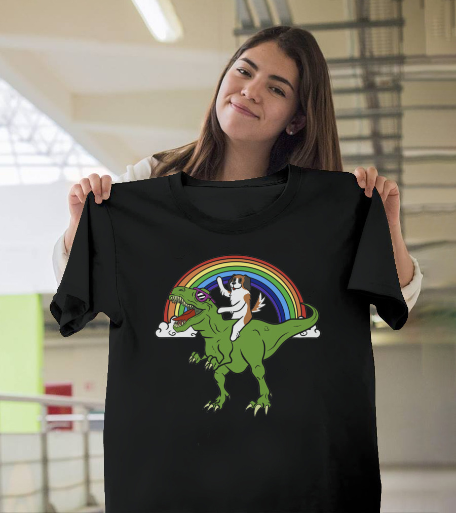 St Bernard Riding Dinosaur with Rainbow Glasses T-Shirt