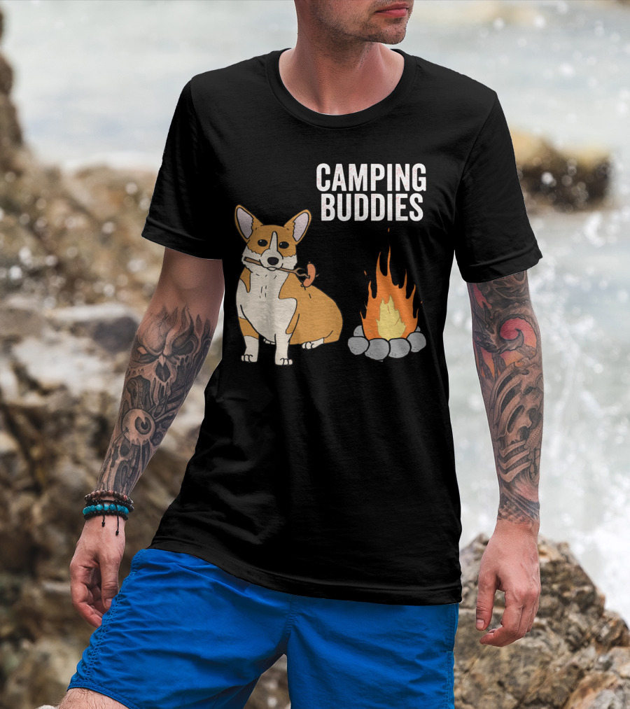 Corgi Roasting Marshmallow By Campfire - Camping Buddies Adventure T-Shirt