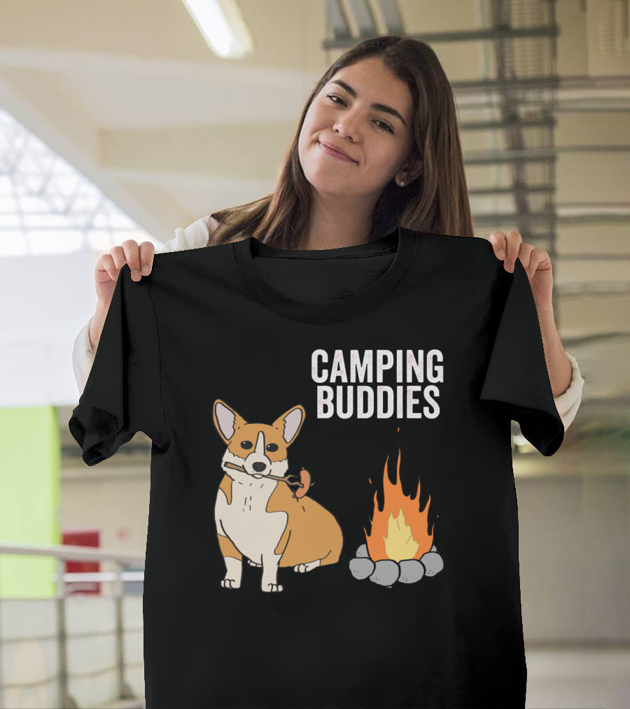 Corgi Roasting Marshmallow By Campfire - Camping Buddies Adventure T-Shirt