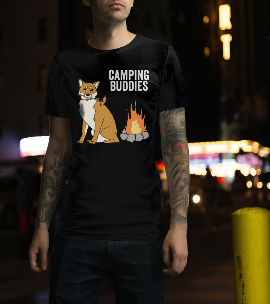 Camping Buddies Shiba Inu Roasting Sausage Near Campfire T-Shirt