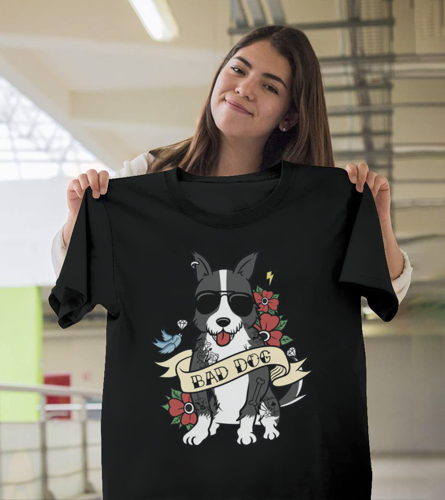 Border Collie Bad Dog Tattoo Style With Sunglasses And Flowers T-Shirt