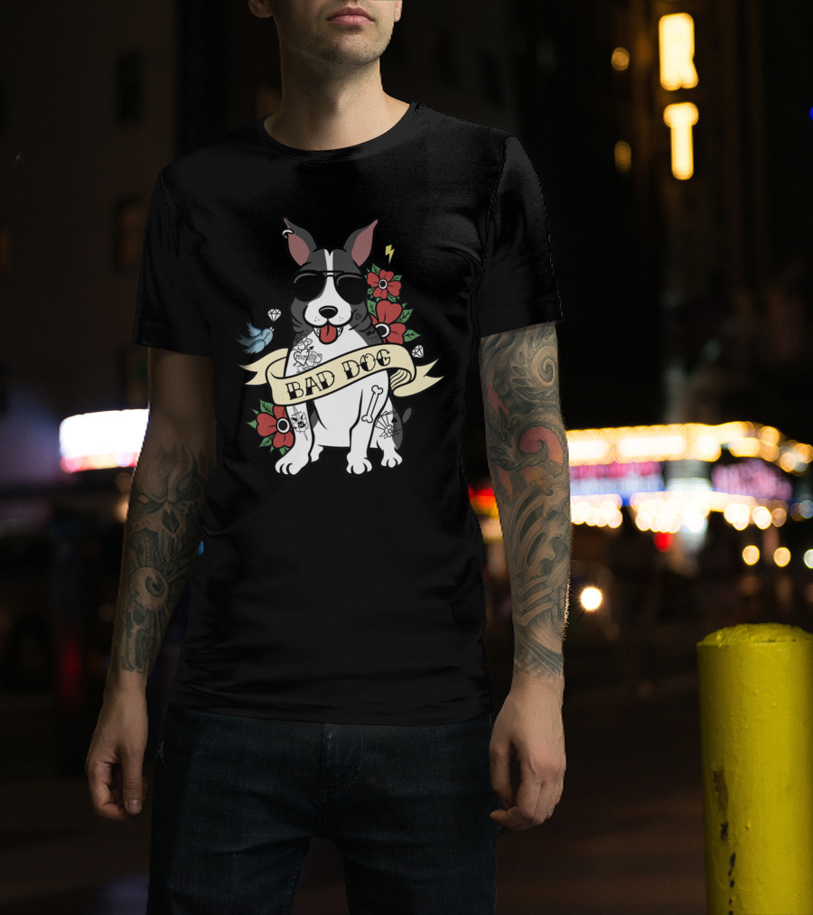 Bad Dog Boston Terrier With Tattoos And Sunglasses Floral And Lightning T-Shirt