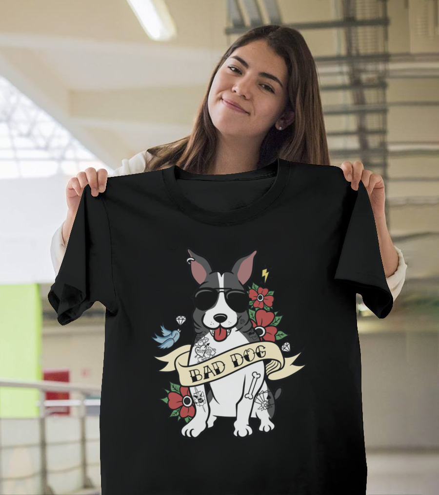 Bad Dog Boston Terrier With Tattoos And Sunglasses Floral And Lightning T-Shirt