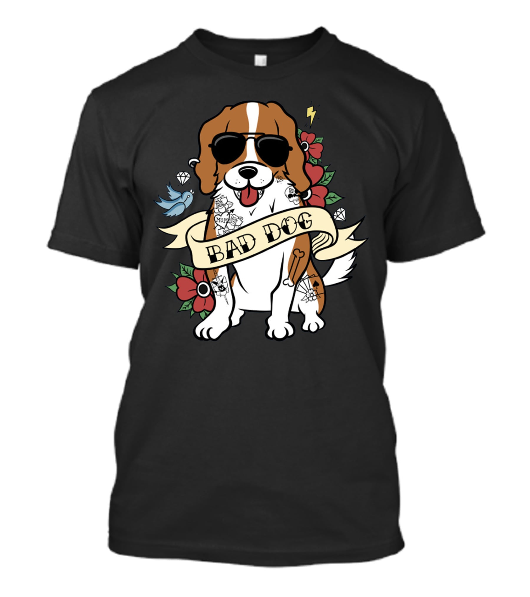 Cavalier Bad Dog With Tattoos And Sunglasses Surrounded By Flowers And Symbols T-Shirt