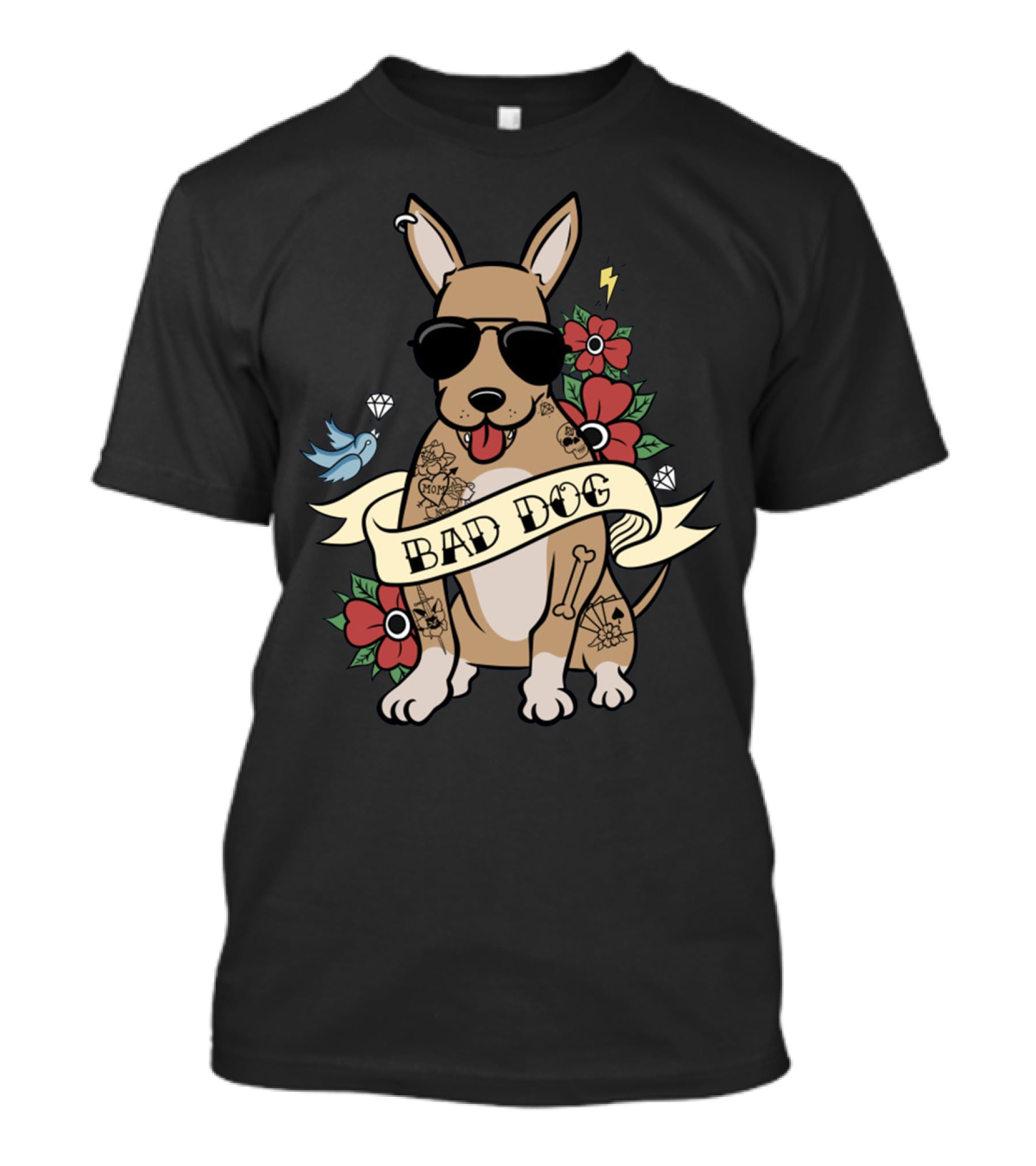 Chihuahua Bad Dog Tattoo Style With Sunglasses Flowers And Bird T-Shirt