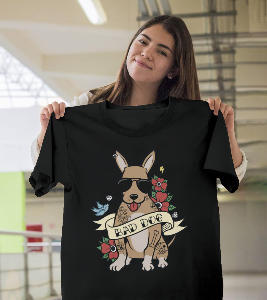 Chihuahua Bad Dog Tattoo Style with Sunglasses Flowers and Bird T-Shirt