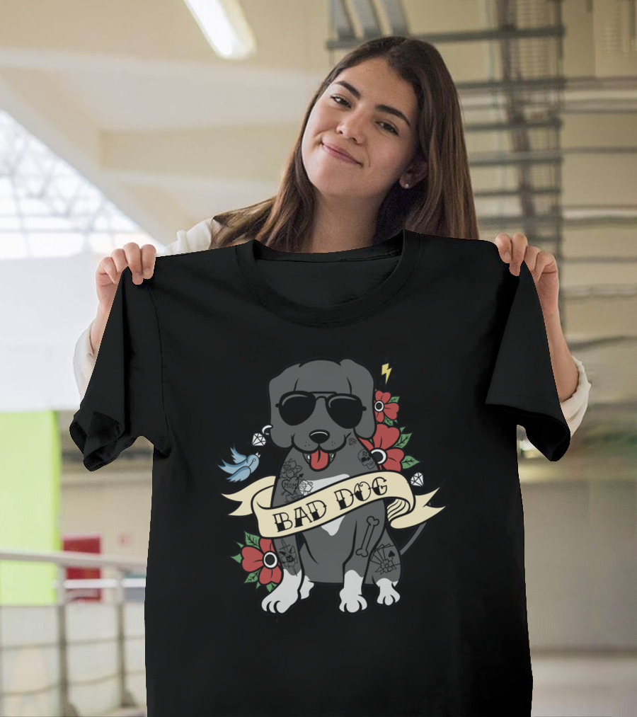 Great Dane Bad Dog Sunglasses Tattoo Flowers Bird Cartoon T-Shirt
