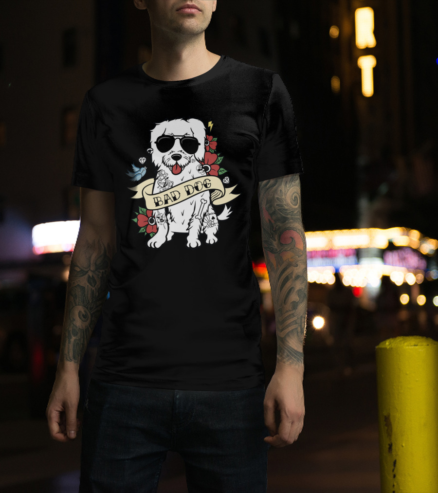 Maltese Bad Dog With Sunglasses And Tattoo Style Surrounded By Flowers And Diamonds T-Shirt