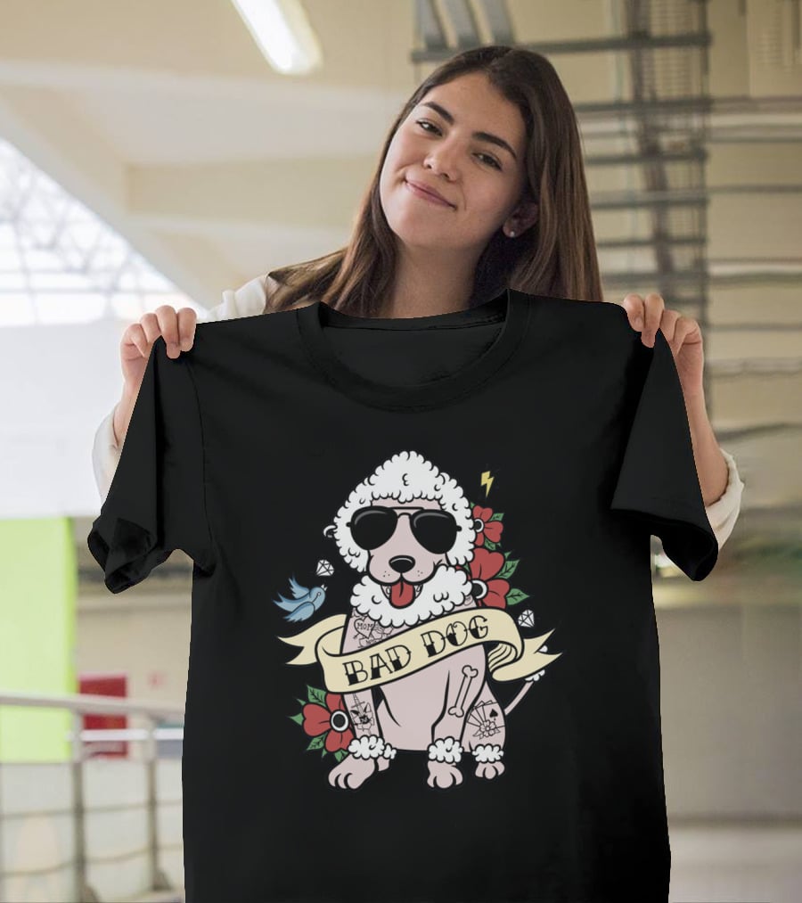 Poodle Bad Dog Wearing Sunglasses Tattoo Style With Lightning Flowers And Blue Bird T-Shirt