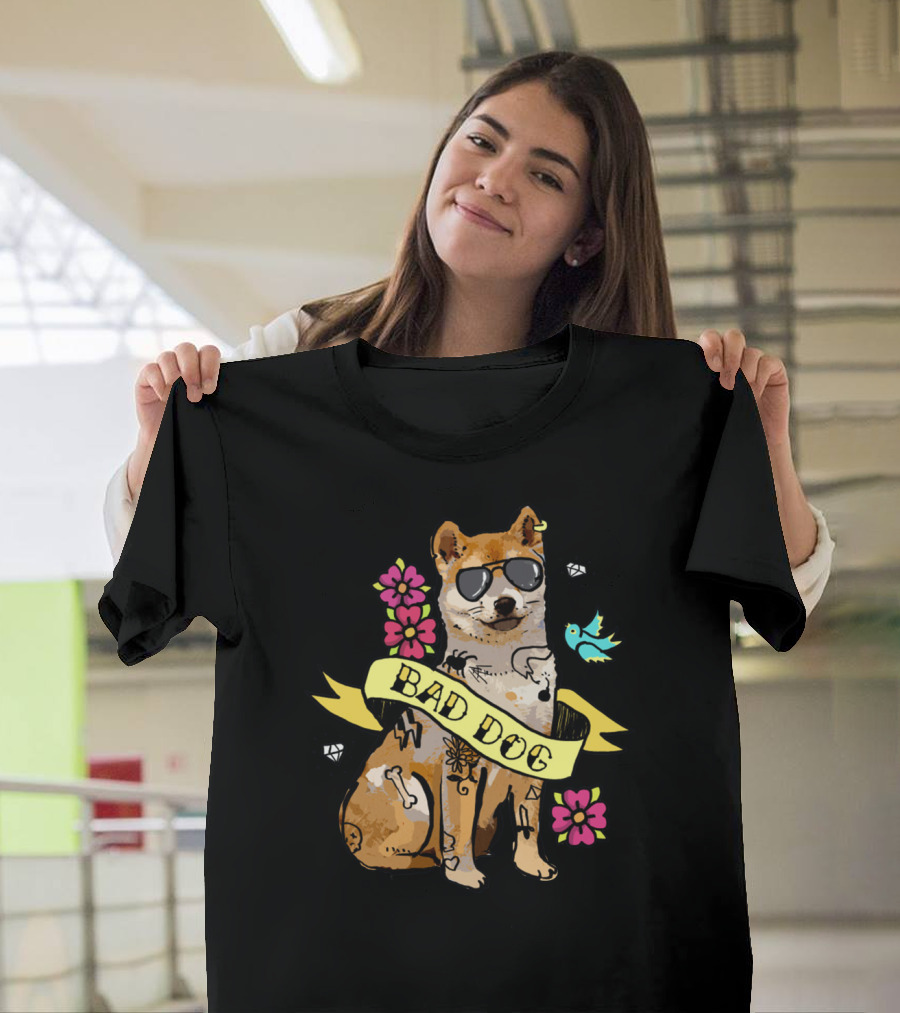 Shiba Inu Bad Dog With Sunglasses And Tattoos Ribbon Art Flowers Bird Diamond T-Shirt