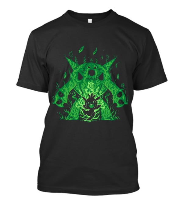 Pokemon Evolution Chesnaught Chespin Silhouette Glowing Green Flames T-Shirt