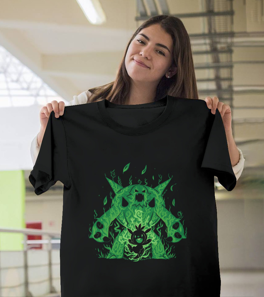 Pokemon Evolution Chesnaught Chespin Silhouette Glowing Green Flames T-Shirt