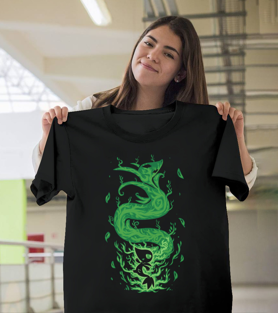 EVOLUTION POKEMON SERPERIOR COILED GREEN FLAMES WITH LEAVES T-Shirt
