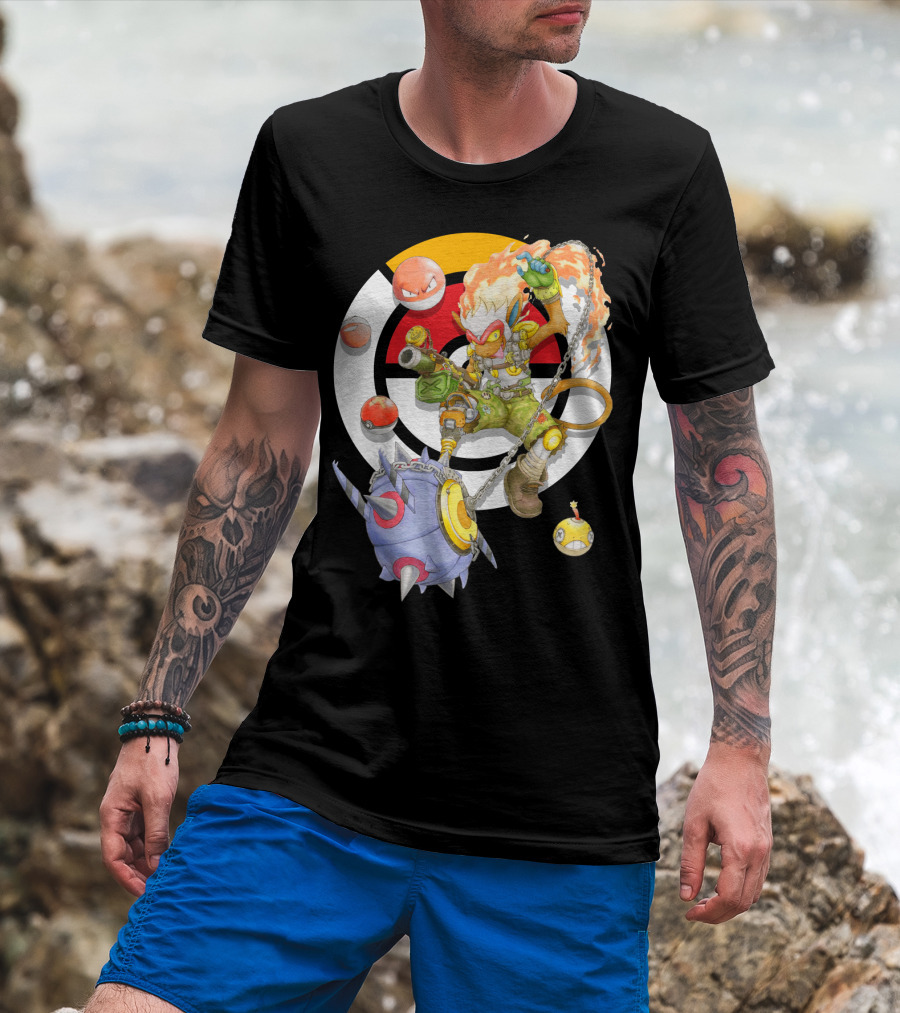 Pokemon X Overwatch Infernape And Junkrat Mashup With Pokeballs And Team Emblem T-Shirt