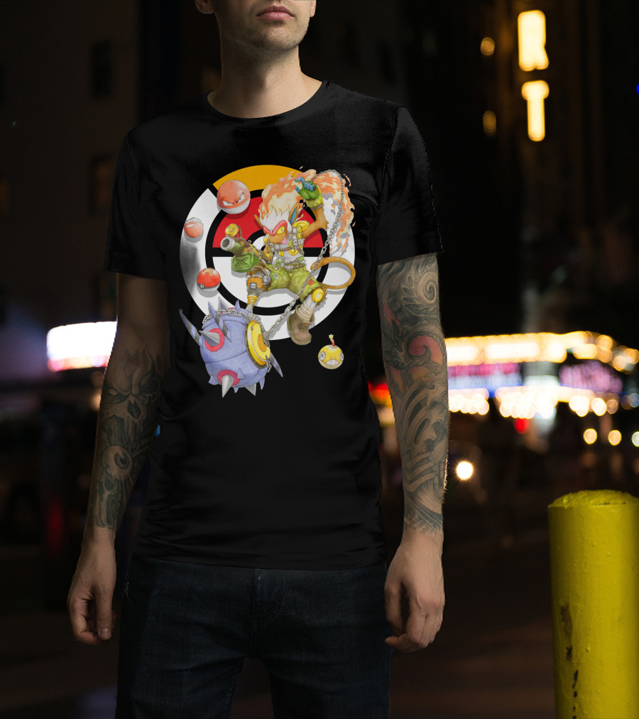 Pokemon X Overwatch Infernape And Junkrat Mashup With Pokeballs And Team Emblem T-Shirt