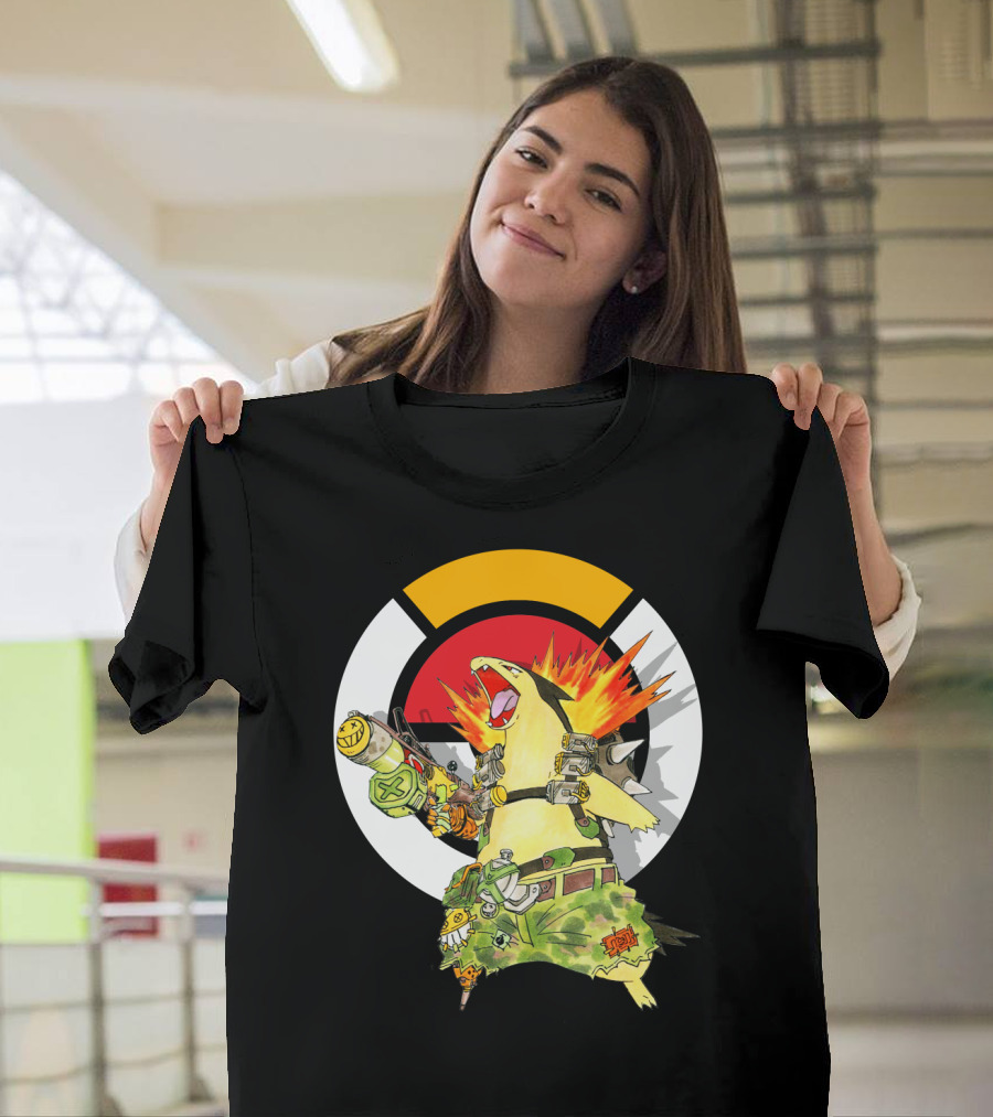 POKEMON TYPHLOSION JUNKRAT CROSSOVER SYMBOL BACKGROUND T-Shirt