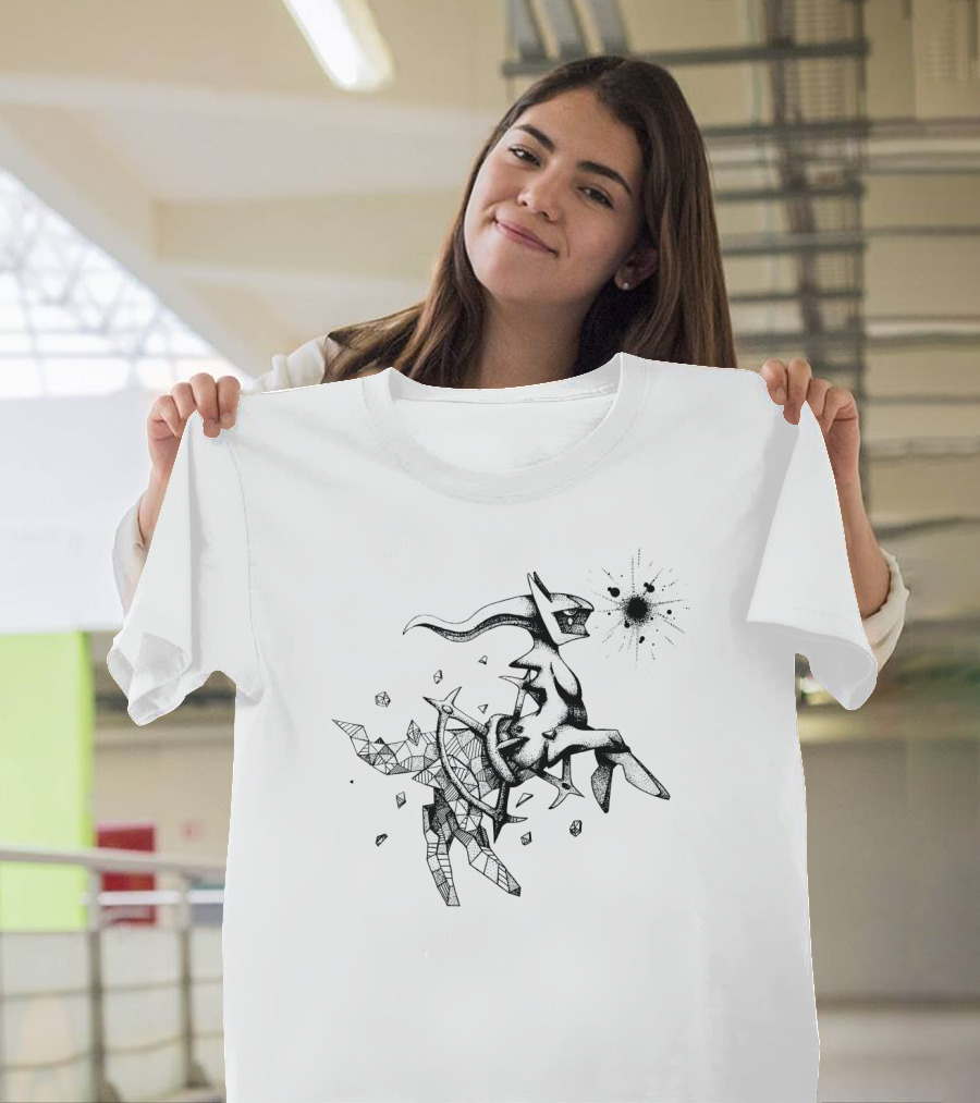 Geometric Pokemon Arceus Monochrome Ink Sketch With Abstract Fragmentation Elements T-Shirt