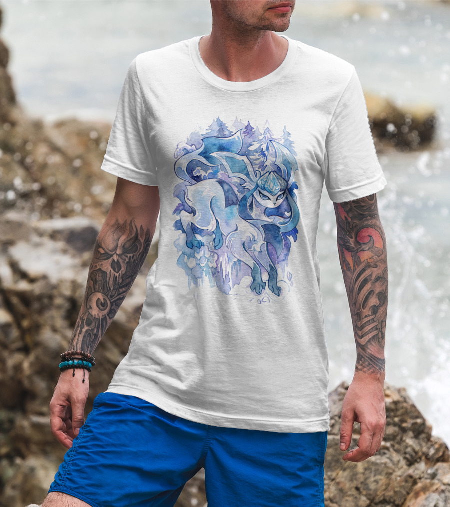 Watercolor Pokemon Glaceon Snowy Forest Background T-Shirt