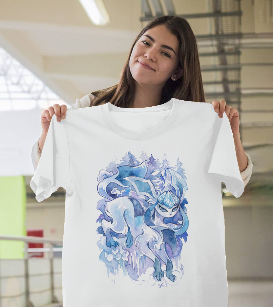 Watercolor Pokemon Glaceon Snowy Forest Background T-Shirt