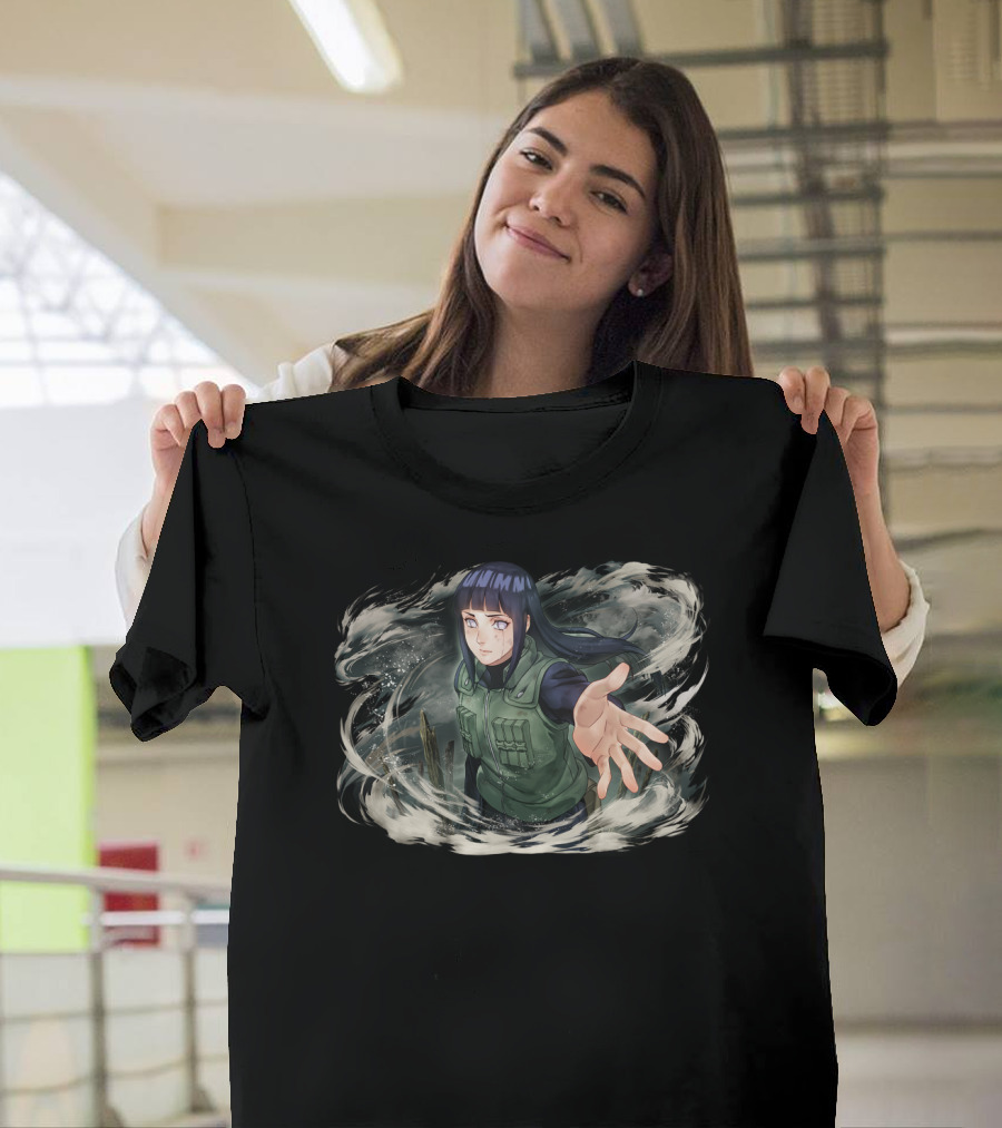 Hinata Hyuga Hand Reaching Anime Character in Swirling T-Shirt