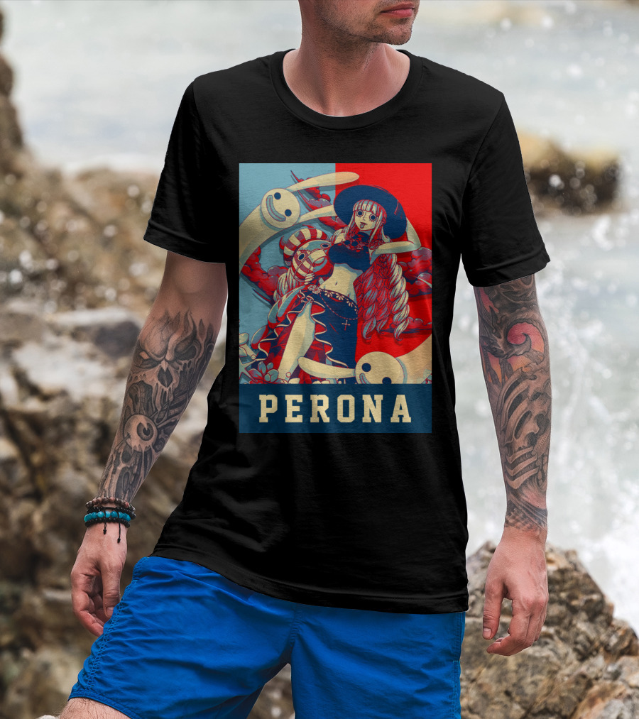 Perona One Piece Manga Anime Character With Ghosts And Red Blue Split Background T-Shirt