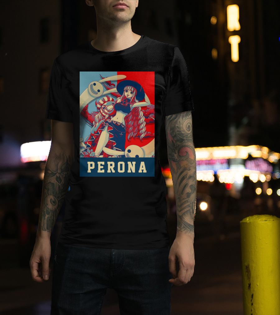 Perona One Piece Manga Anime Character With Ghosts And Red Blue Split Background T-Shirt