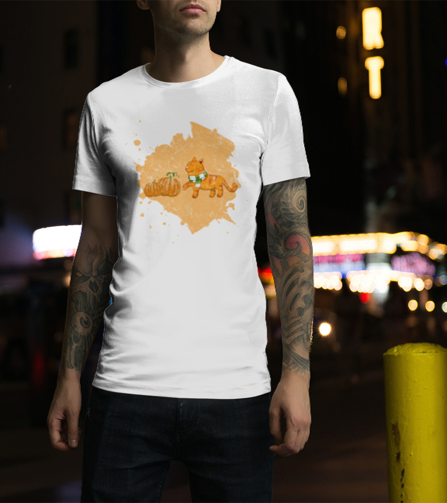 Kitty With Scarf And Pumpkins On Splash Background T-Shirt