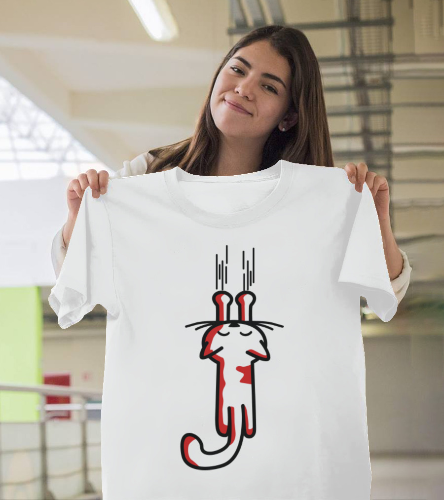 Minimalist Red And White Cartoon Cat With Long Ears Design From 'My Kitty Cats T-Shirt