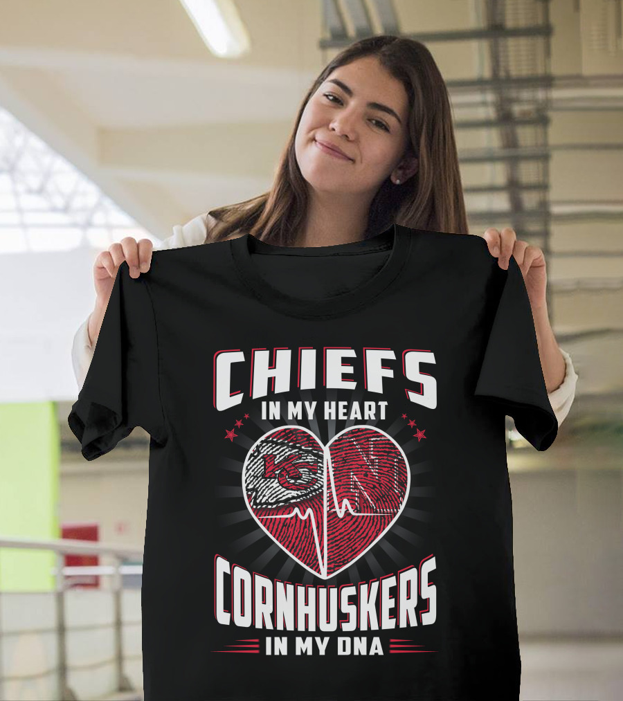 Chiefs In My Heart Cornhuskers Dna Fingerprint Heartbeat T-Shirt