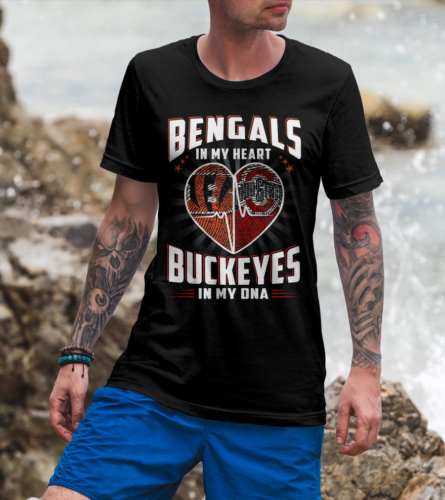 Bengals In My Heart Buckeyes In My Dna Heartbeat Logo Combination T-Shirt
