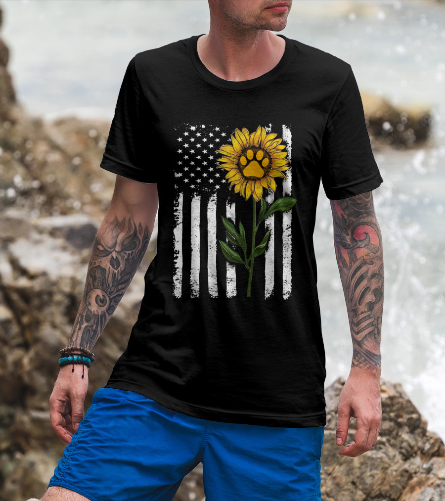Sunflower Paw American Flag Vertical Stripes T-Shirt