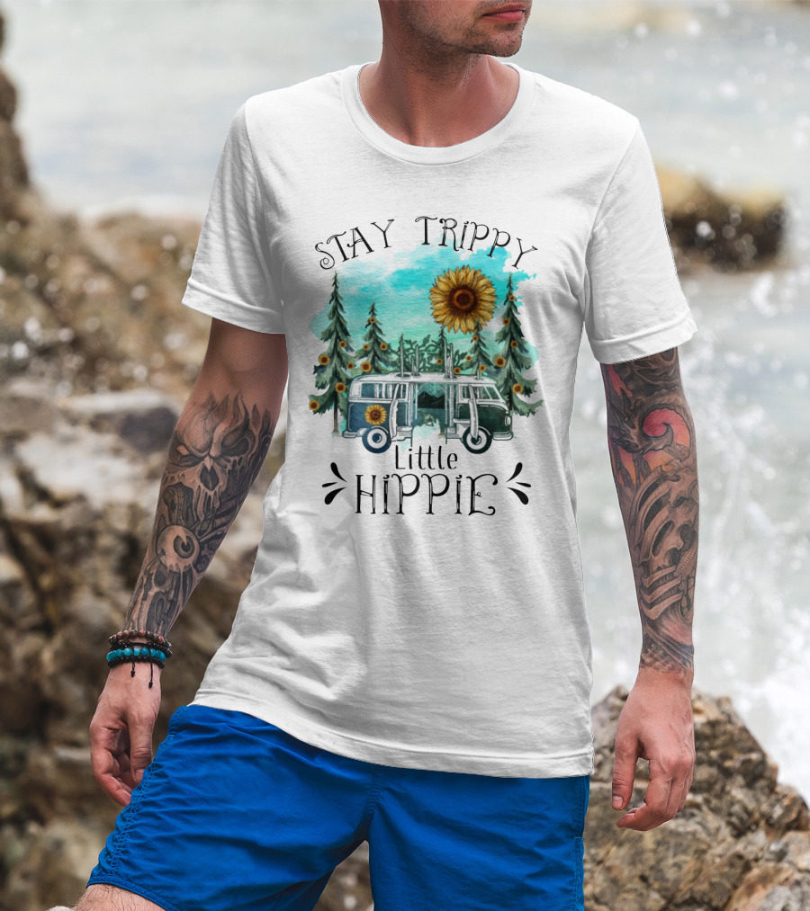 Stay Trippy Little Hippie Sunflower Van Among Forest Pines T-Shirt