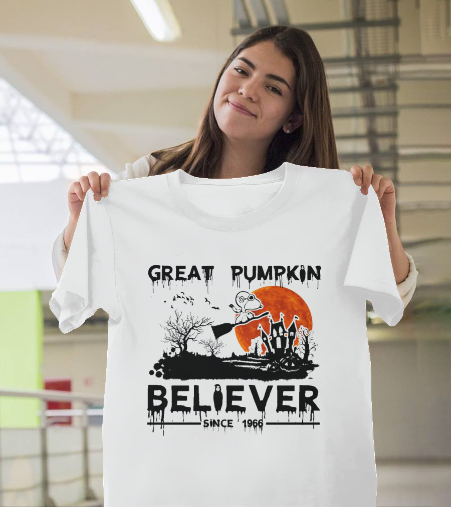 Great Pumpkin Believer Since 1966 Snoopy Flying On Broomstick Halloween Scene T-Shirt