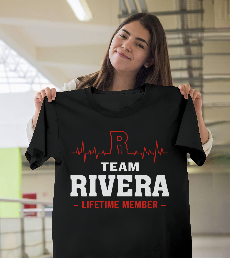 Team Rivera Lifetime Member with Heartbeat Graphic and Bold Red Letter R T-Shirt