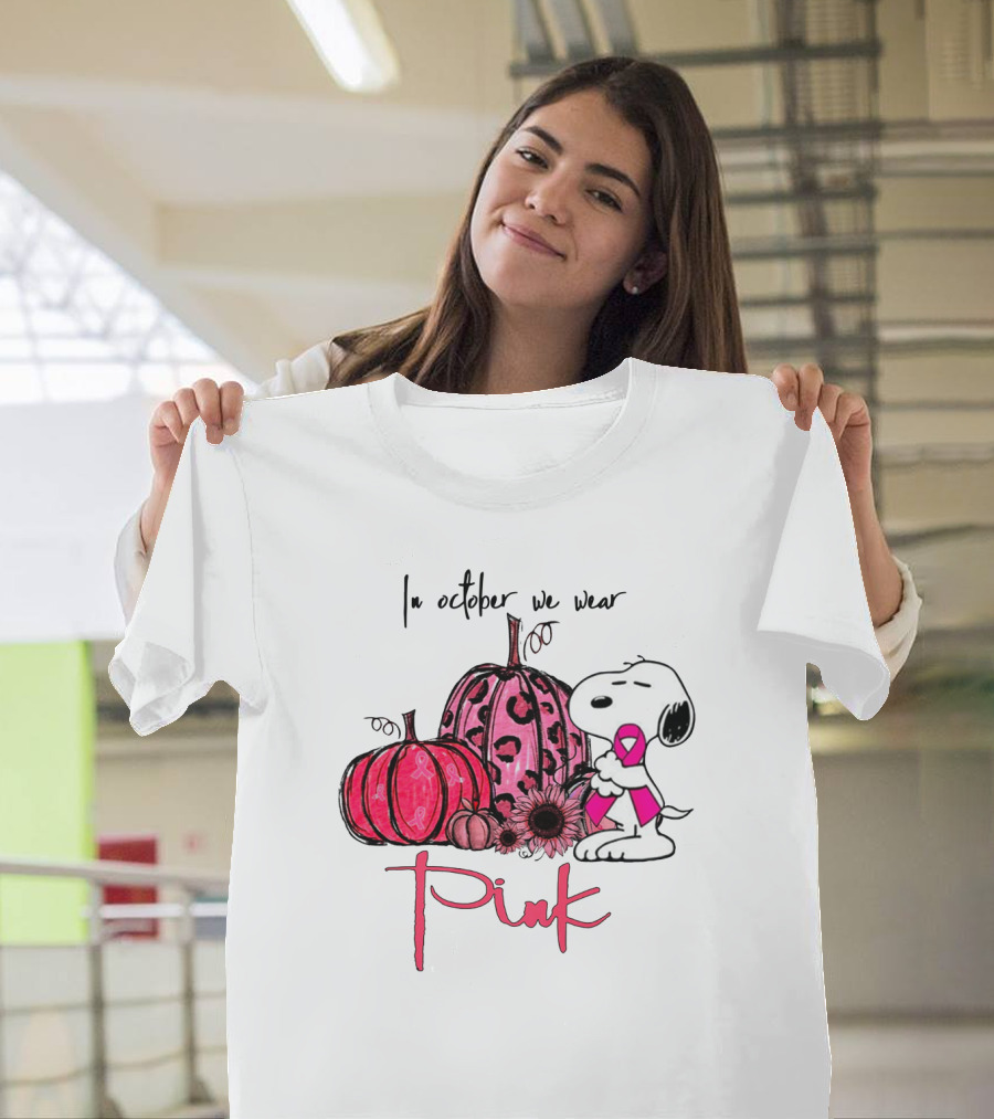 Snoopy Pink Ribbon Pumpkin in October We Wear Pink T-Shirt