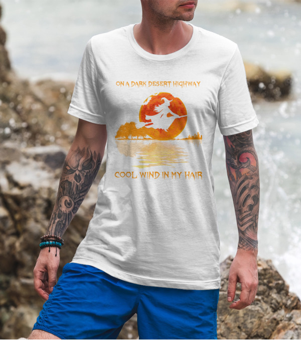 Witch Flying Over Moonlit Desert Highway Cool Wind In My Hair T-Shirt
