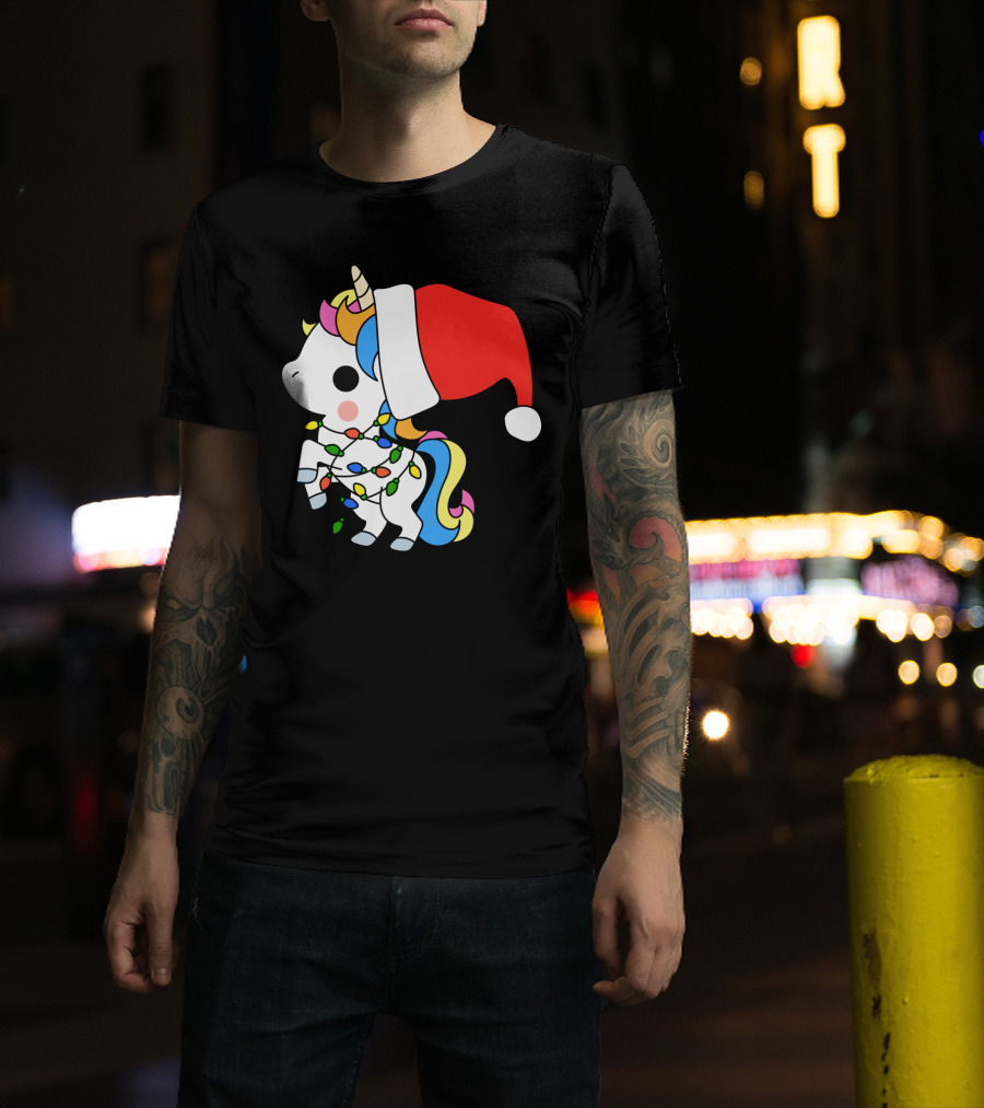 Unicorn Santa Christmas Lights Festive Fantasy T-Shirt