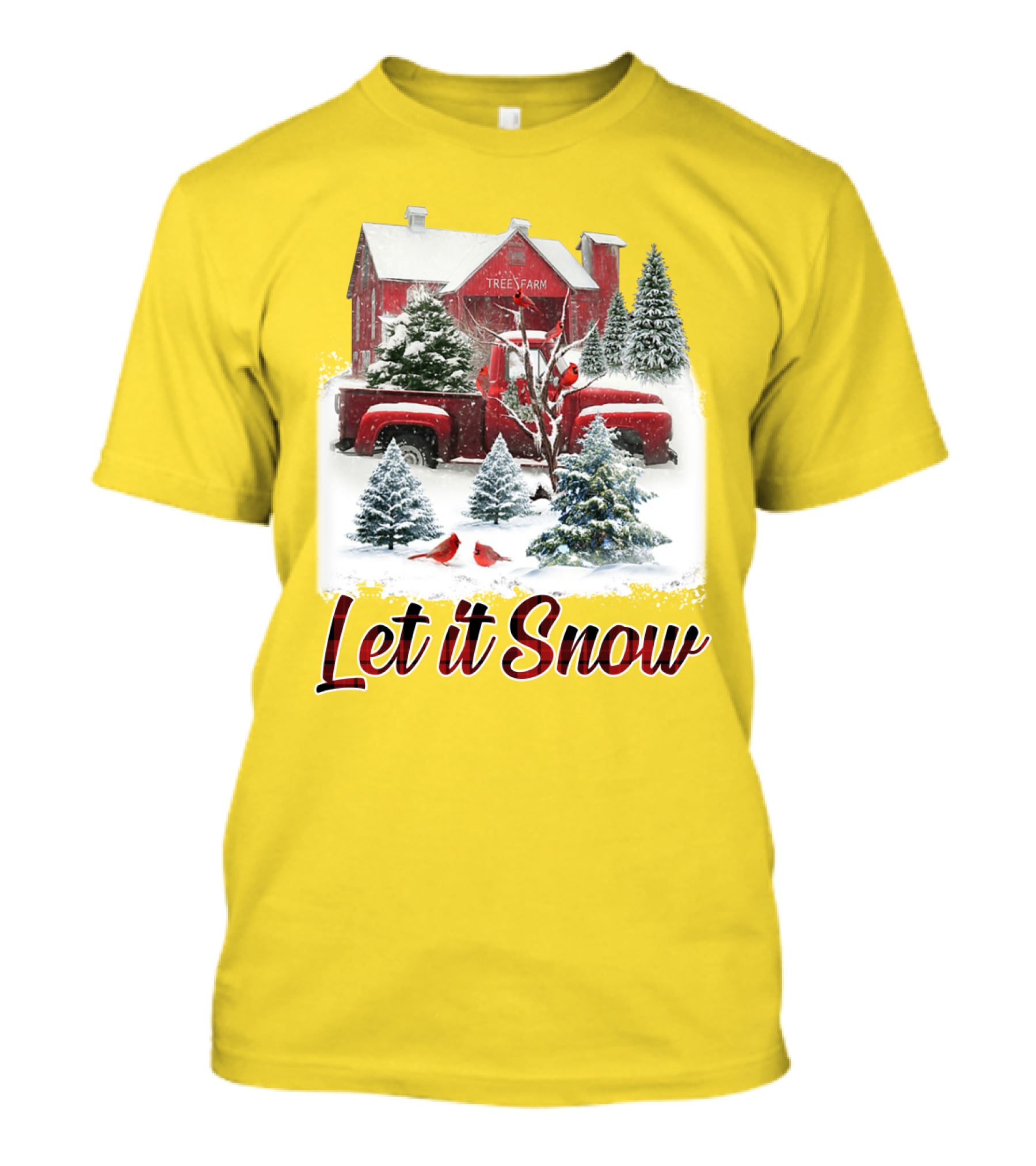 Let It Snow Cardinal Birds Red Tree Farm Holiday Scene T-Shirt