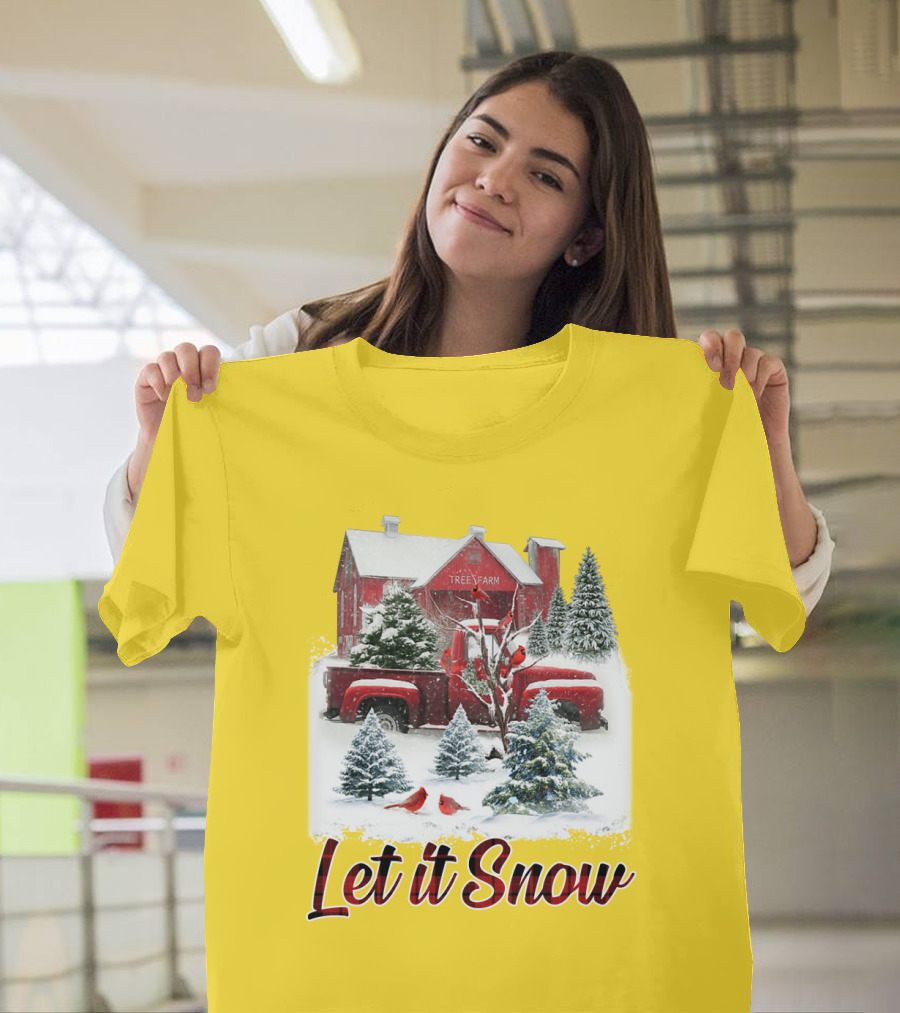 Let It Snow Cardinal Birds Red Tree Farm Holiday Scene T-Shirt