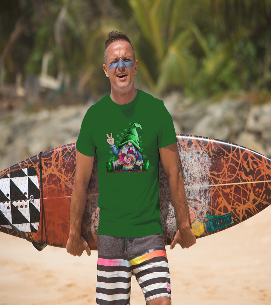 Hippie Gnome Irish With Tie-Dye Shamrock And Peace Sign T-Shirt
