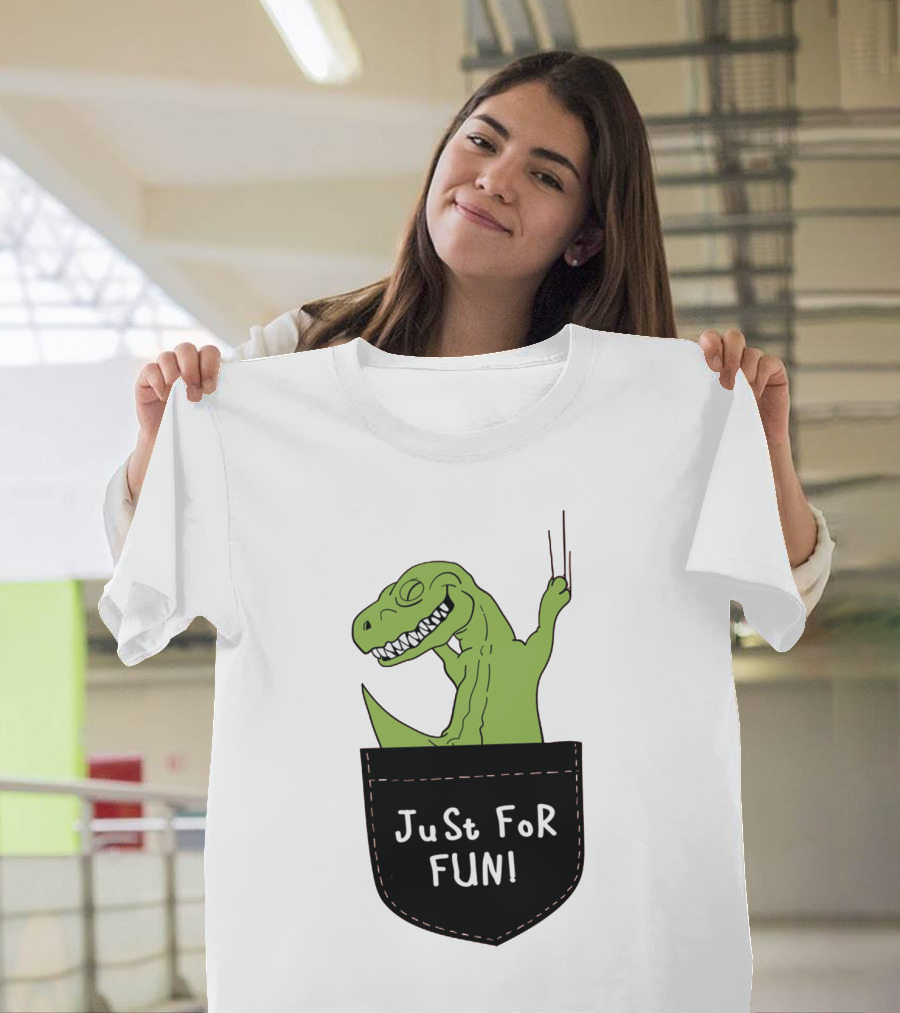 Just for Fun Dinosaur Sitting Inside a Pocket T-Shirt